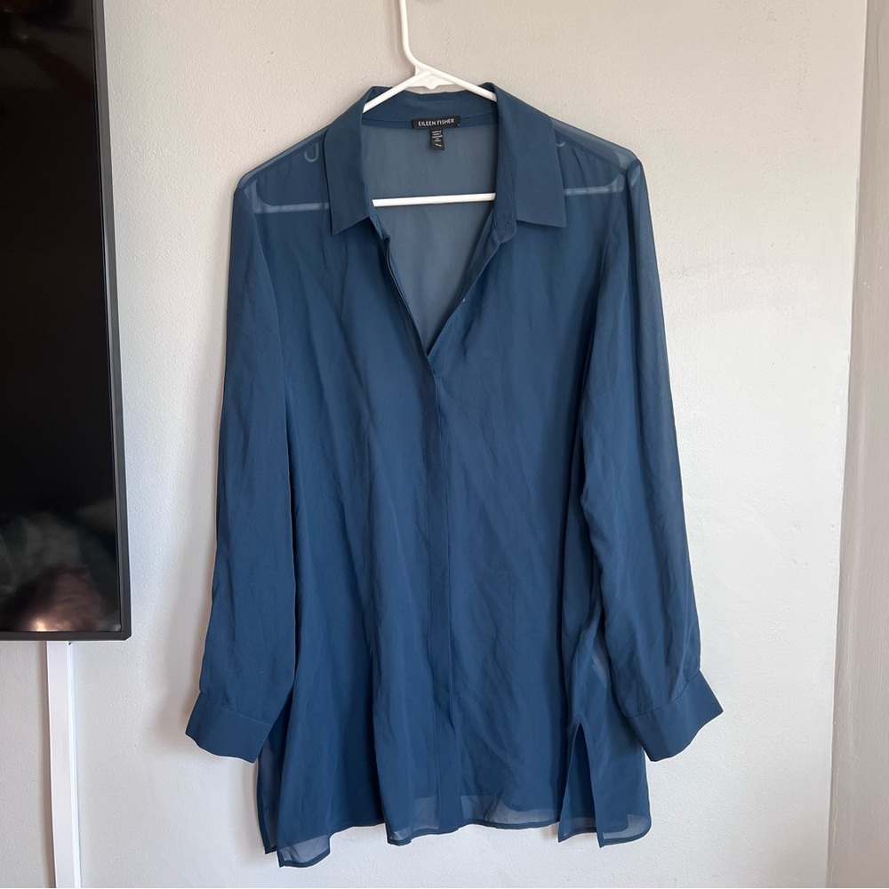 Eileen Fisher Sheer Silk Georgette Classic Collar Shirt Teal M - Picture 2 of 8